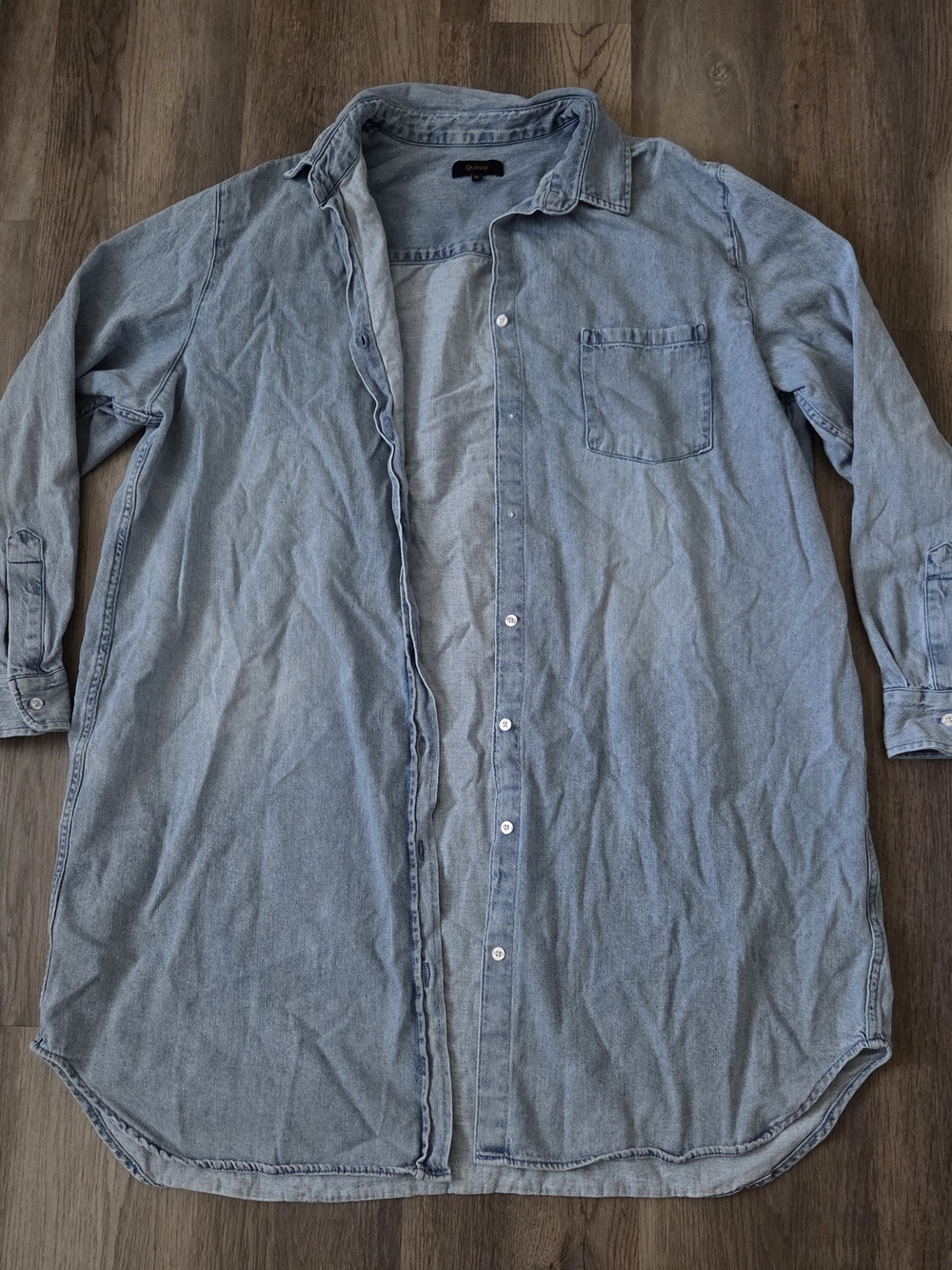Quince Distressed Denim Oversized Shirt Size XL Missing 2 Buttons